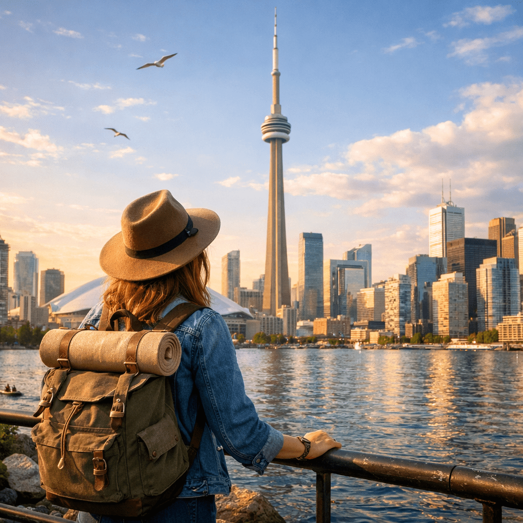 Person with backpack and hat looking at Toronto skyline and CN Tower at sunset