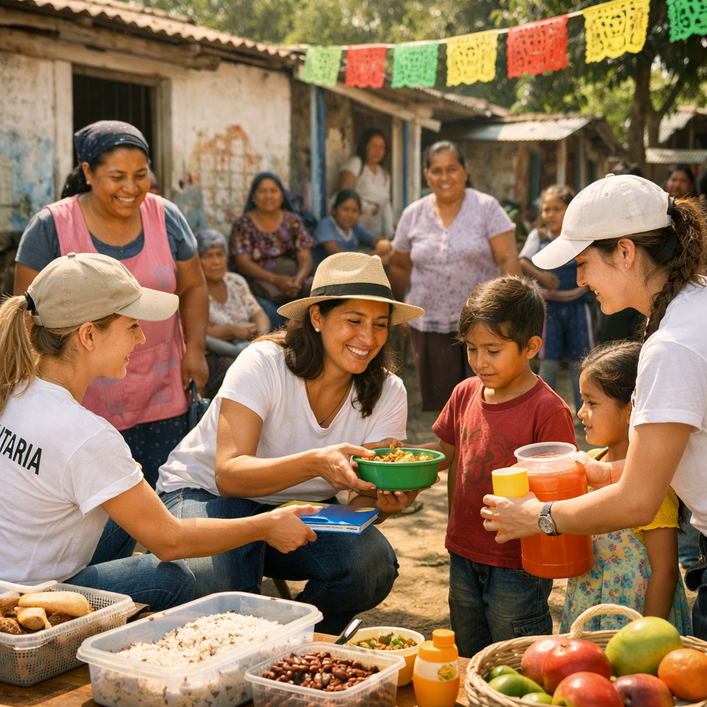 Volunteers handing food and drinks to children at an outdoor community event