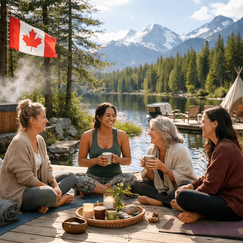 Four women sitting on a wooden dock by a lake in the mountains, drinking from mugs and smiling